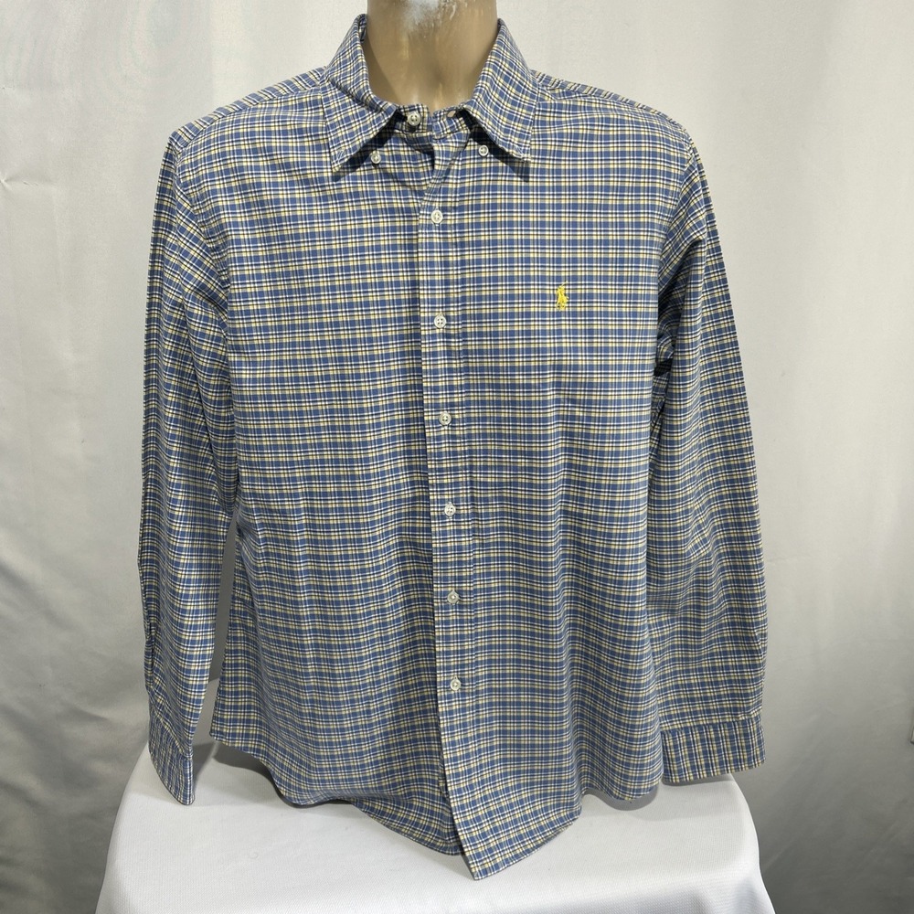 VTG Polo Ralph Lauren Shirt Men's Sz L Custom Fit  Plaid Button Blue Yellow